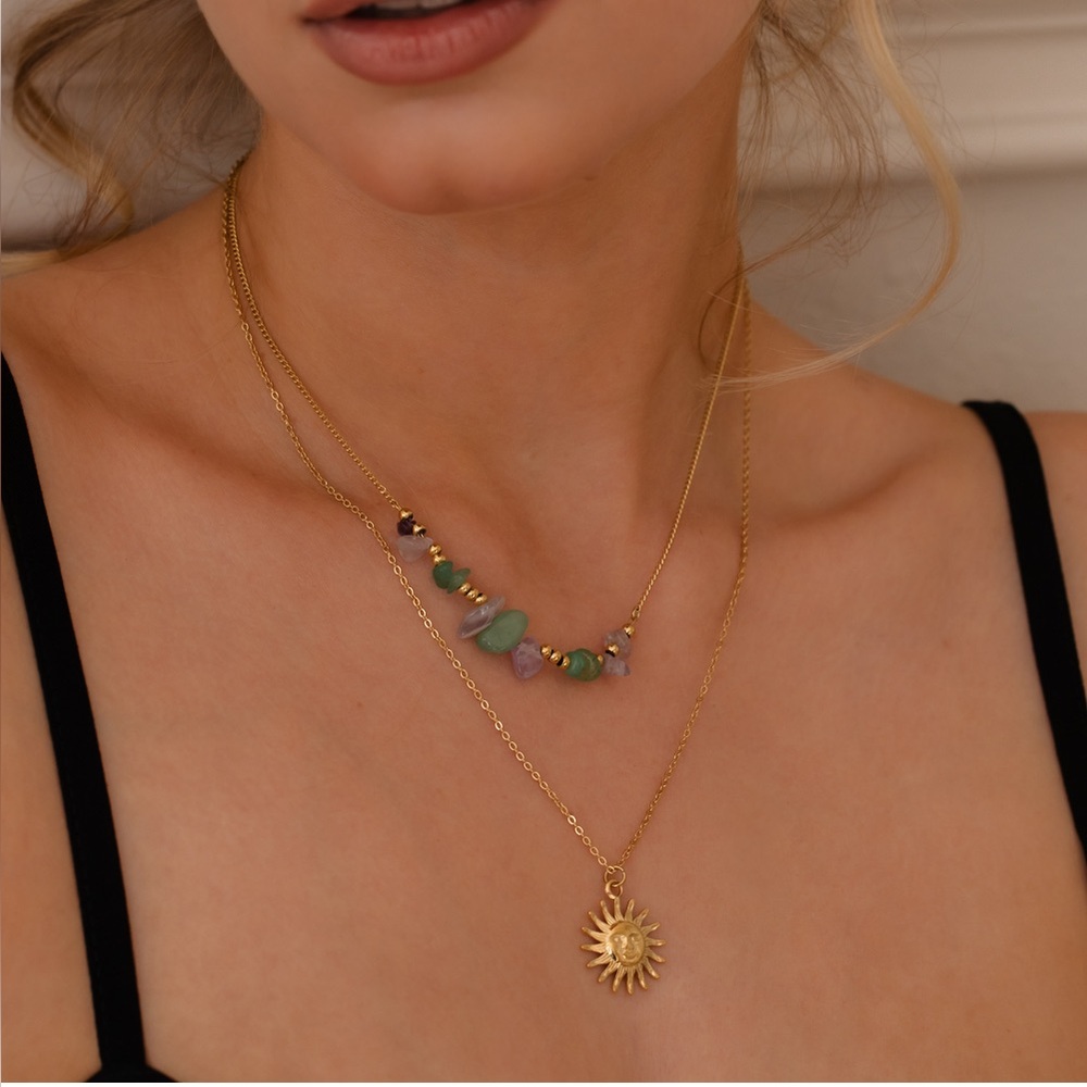 Sun Pendant Layered Necklace with Natural Gemstones - Picture 2 of 4